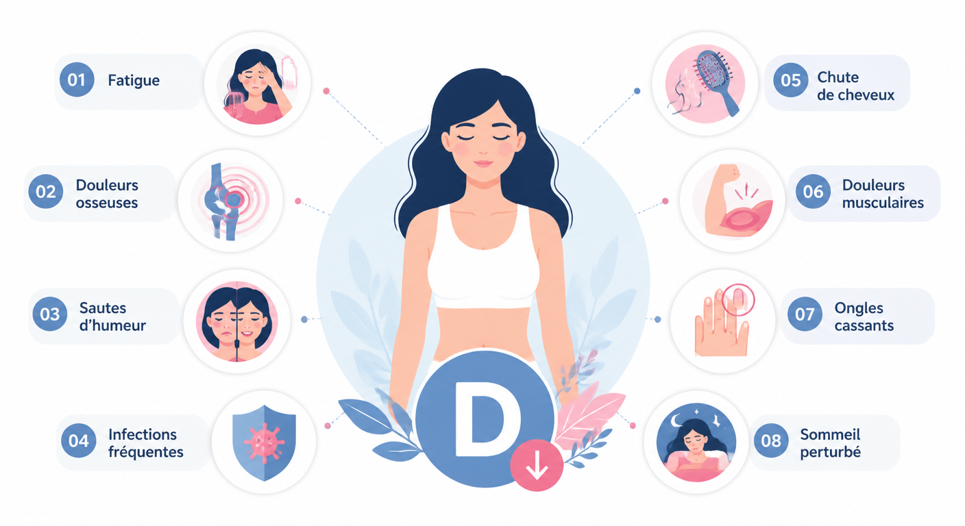 Infographie signes de carence en vitamine D chez la femme