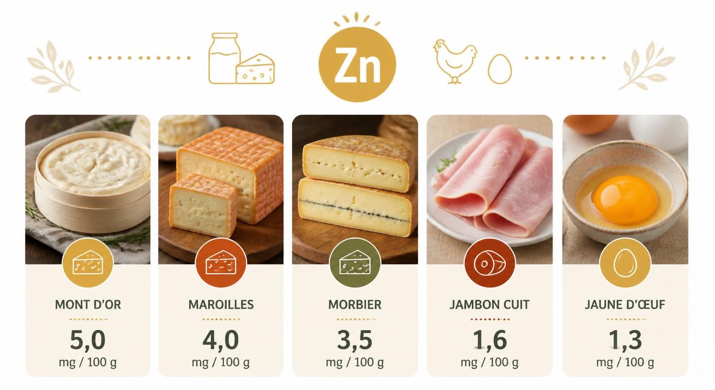 Infographie des fromages, œufs et produits laitiers riches en zinc