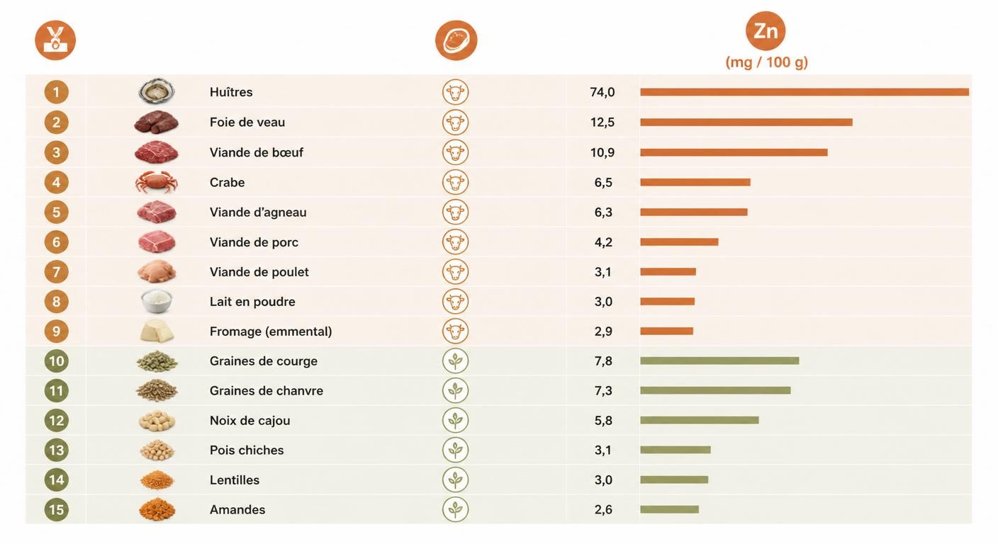 Infographie tableau des aliments les plus riches en zinc