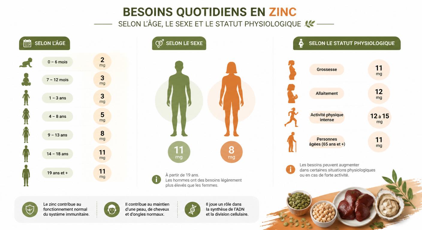 Infographie besoins quotidiens en zinc selon le profil