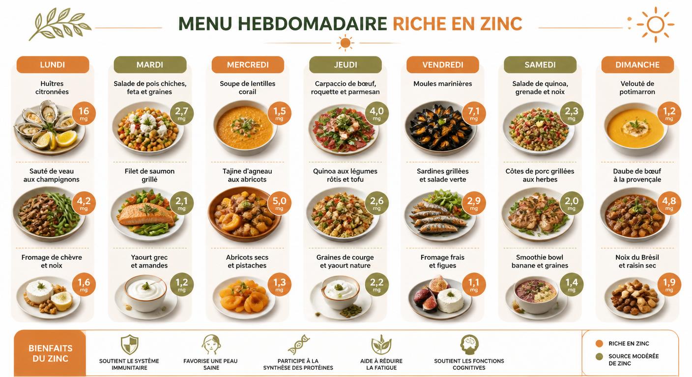 Infographie plan de menus riches en zinc sur 7 jours