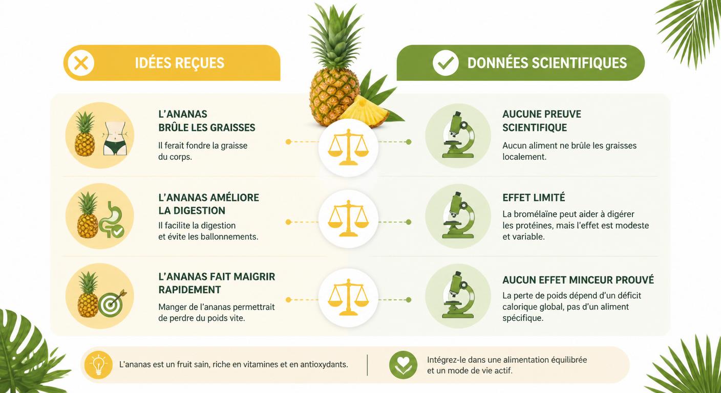 Infographie comparative mythes et réalité scientifique sur l'ananas brûle graisse