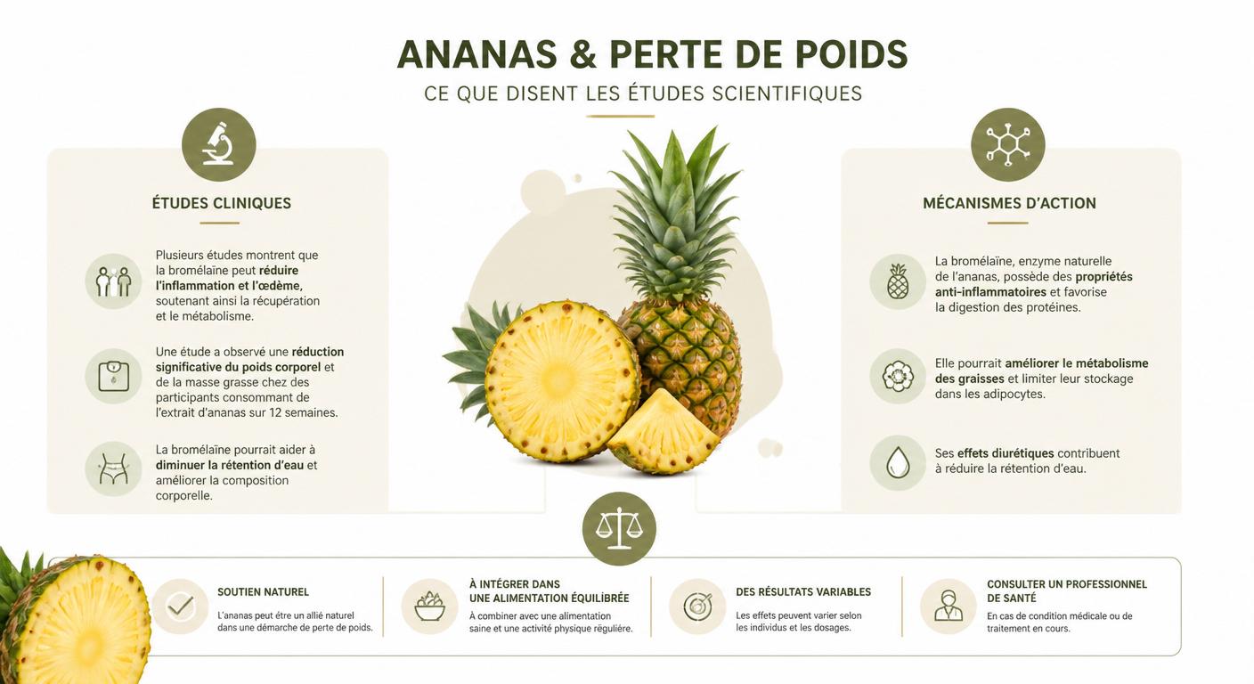 Infographie des conclusions des études cliniques sur l'ananas et la perte de poids