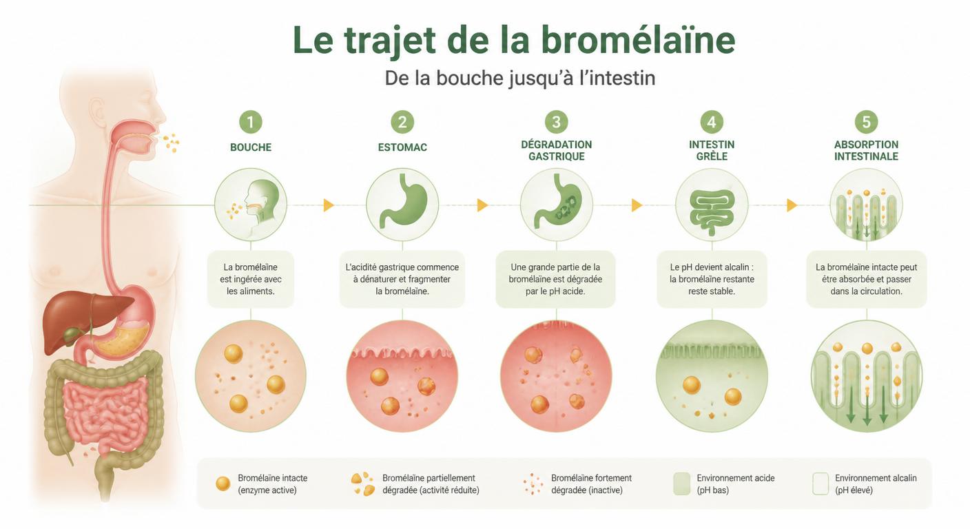 Infographie du trajet de la bromélaïne dans le système digestif