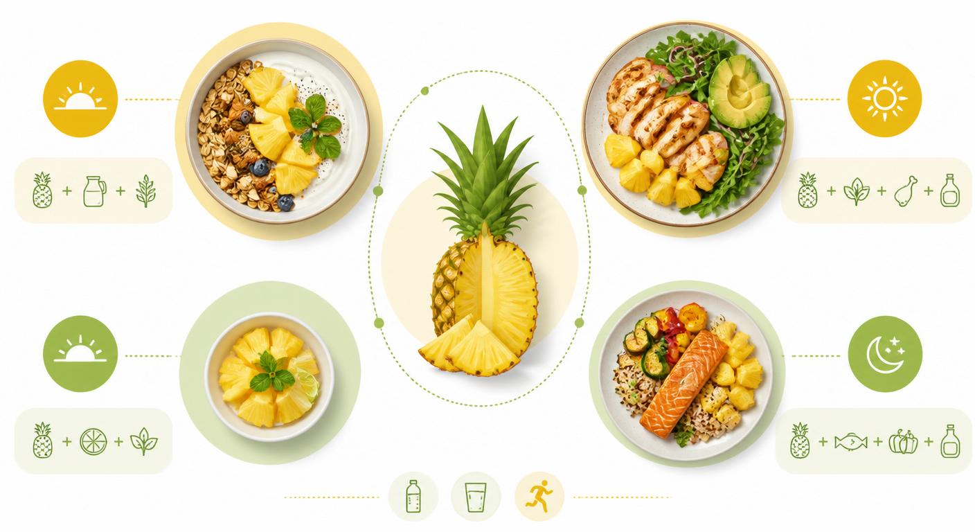 Infographie d'une journée alimentaire équilibrée incluant l'ananas