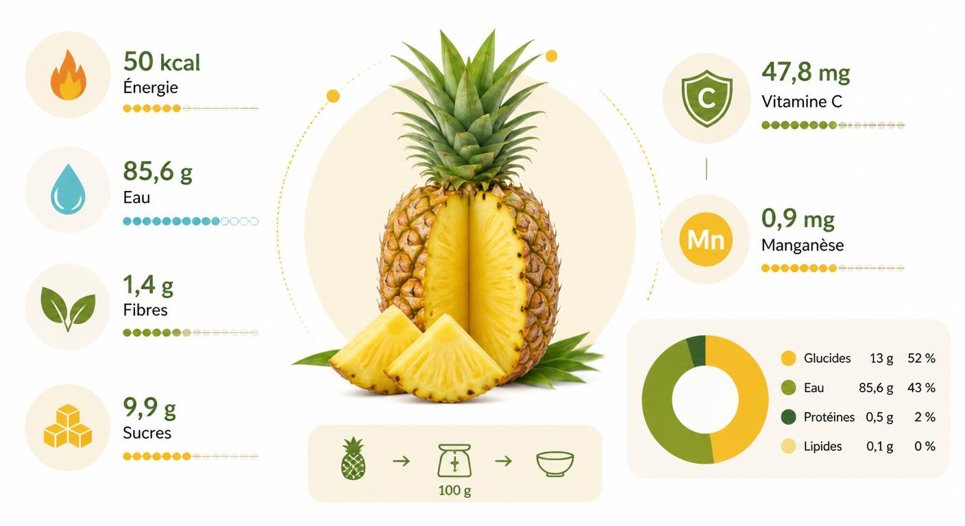 Infographie du profil nutritionnel complet de l'ananas pour 100 grammes