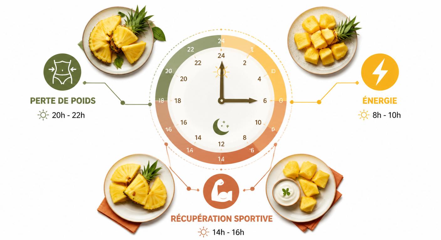 Infographie des moments idéaux pour consommer l'ananas selon l'objectif