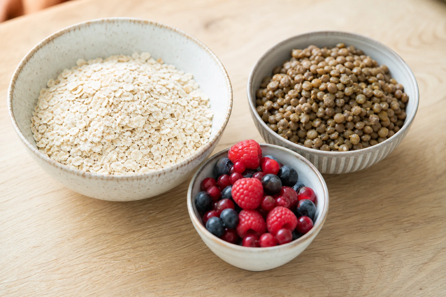 Bol d'avoine, petit bol de fruits rouges et lentilles cuites disposés côte à côte pour illustrer la diversité alimentaire