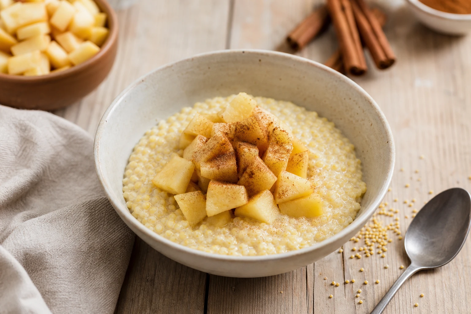 Bol de porridge de millet garni de pomme et de cannelle, alternative de grain au blé du petit-déjeuner
