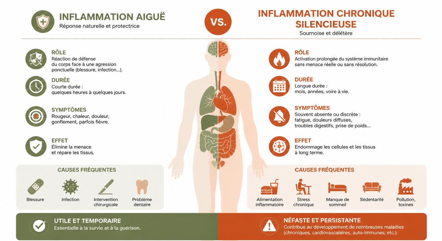 Infographie comparant inflammation aiguë et inflammation chronique silencieuse