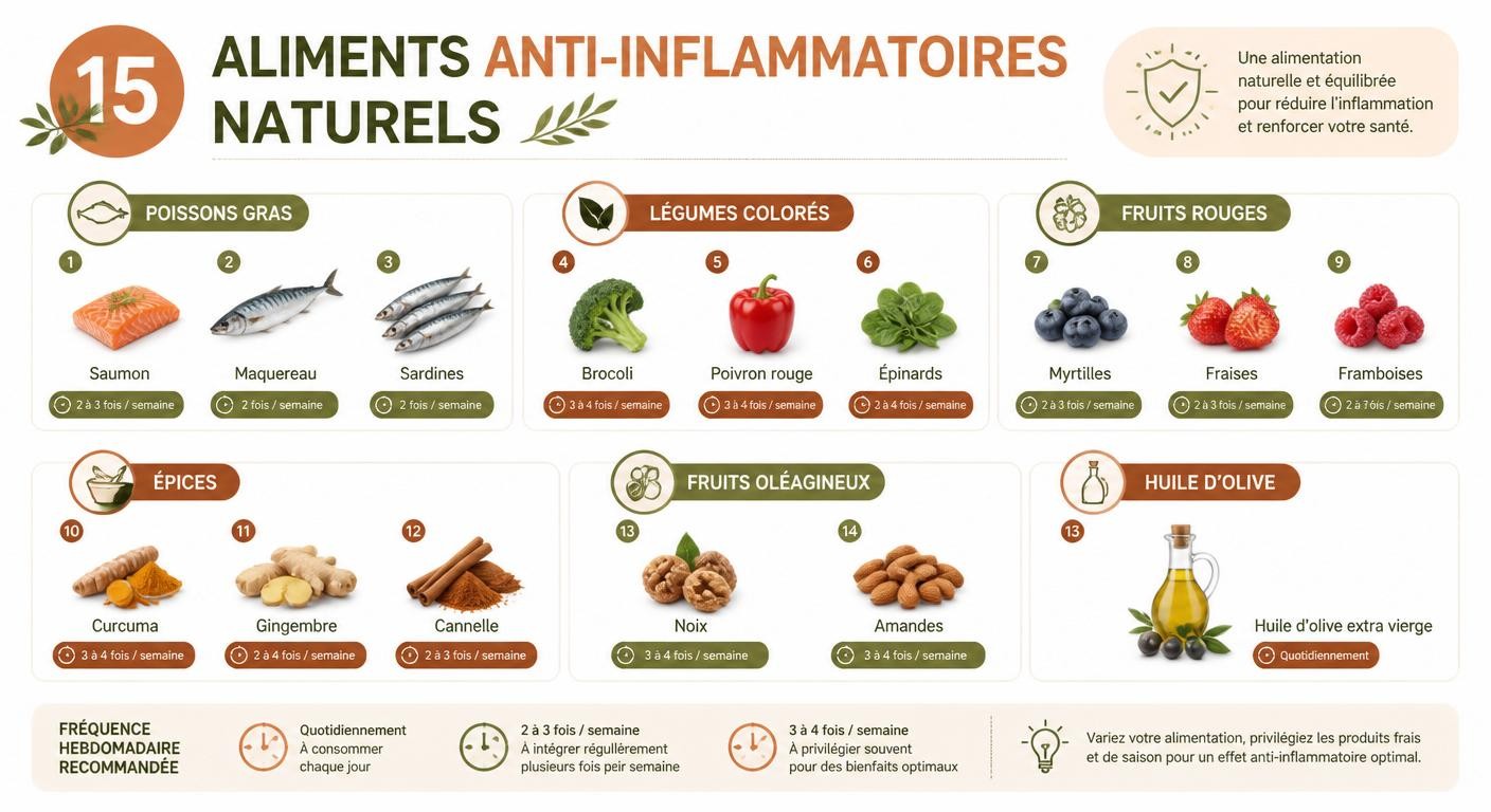 Infographie des 15 aliments anti-inflammatoires naturels classés par famille