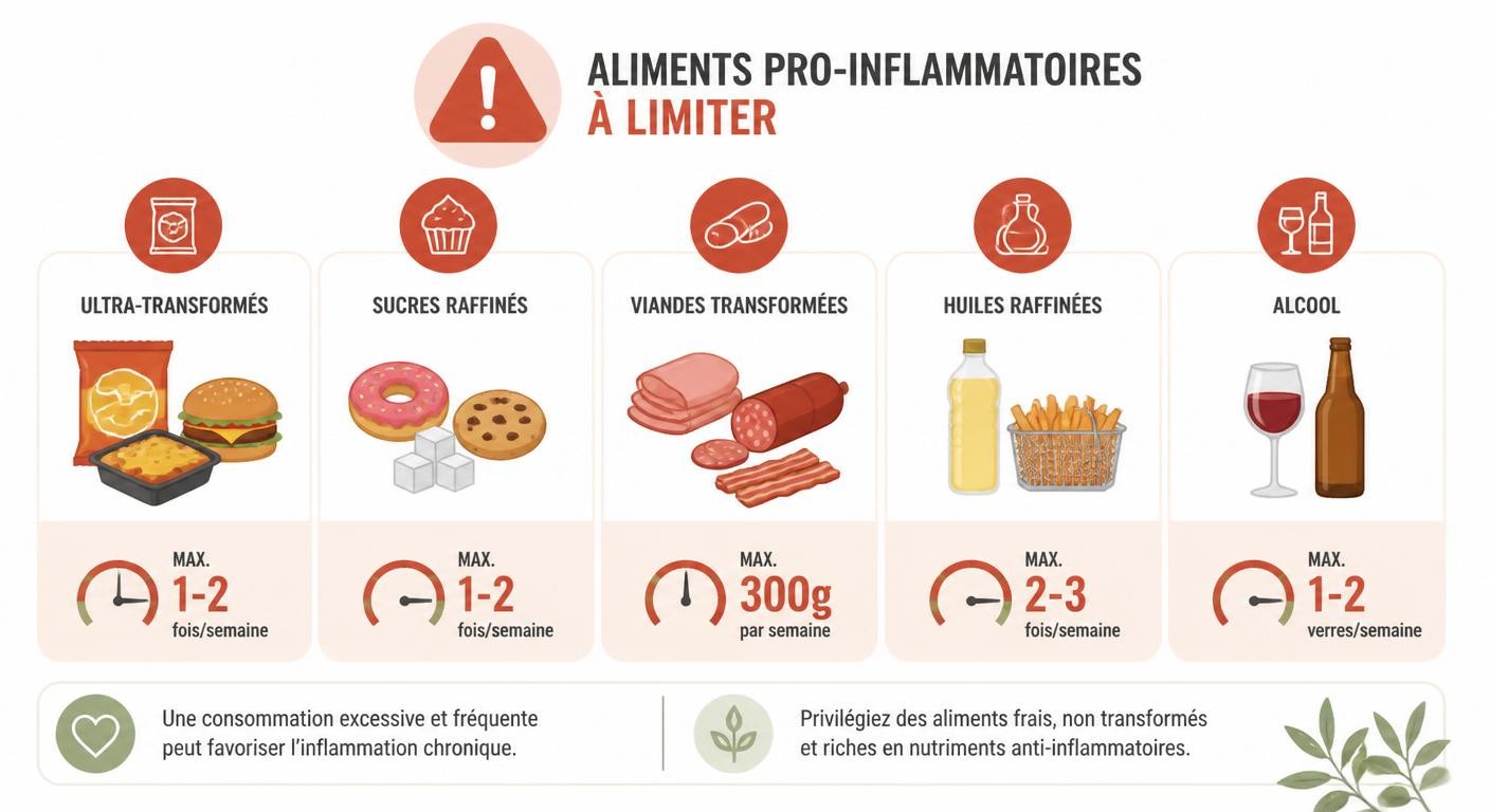 Infographie des aliments pro-inflammatoires à limiter avec seuils hebdomadaires