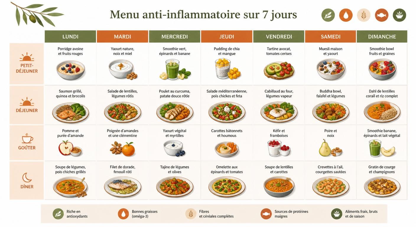 Infographie menu anti-inflammatoire 7 jours équilibré