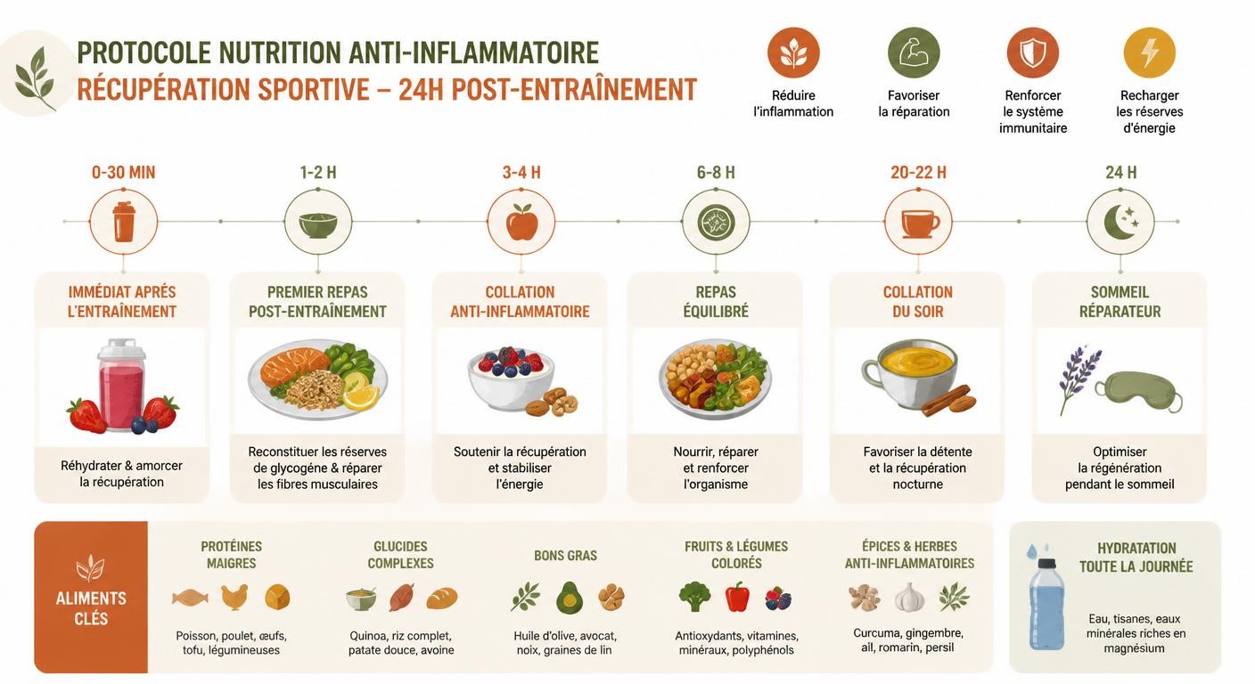 Infographie protocole nutrition anti-inflammatoire récupération sportive 24 heures