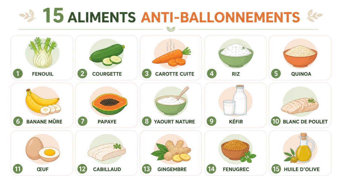 Infographie des 15 aliments à privilégier pour éviter les ballonnements