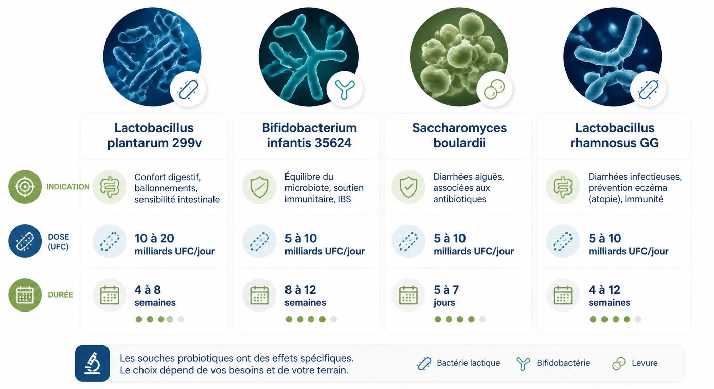 Infographie des souches probiotiques recommandées contre les ballonnements