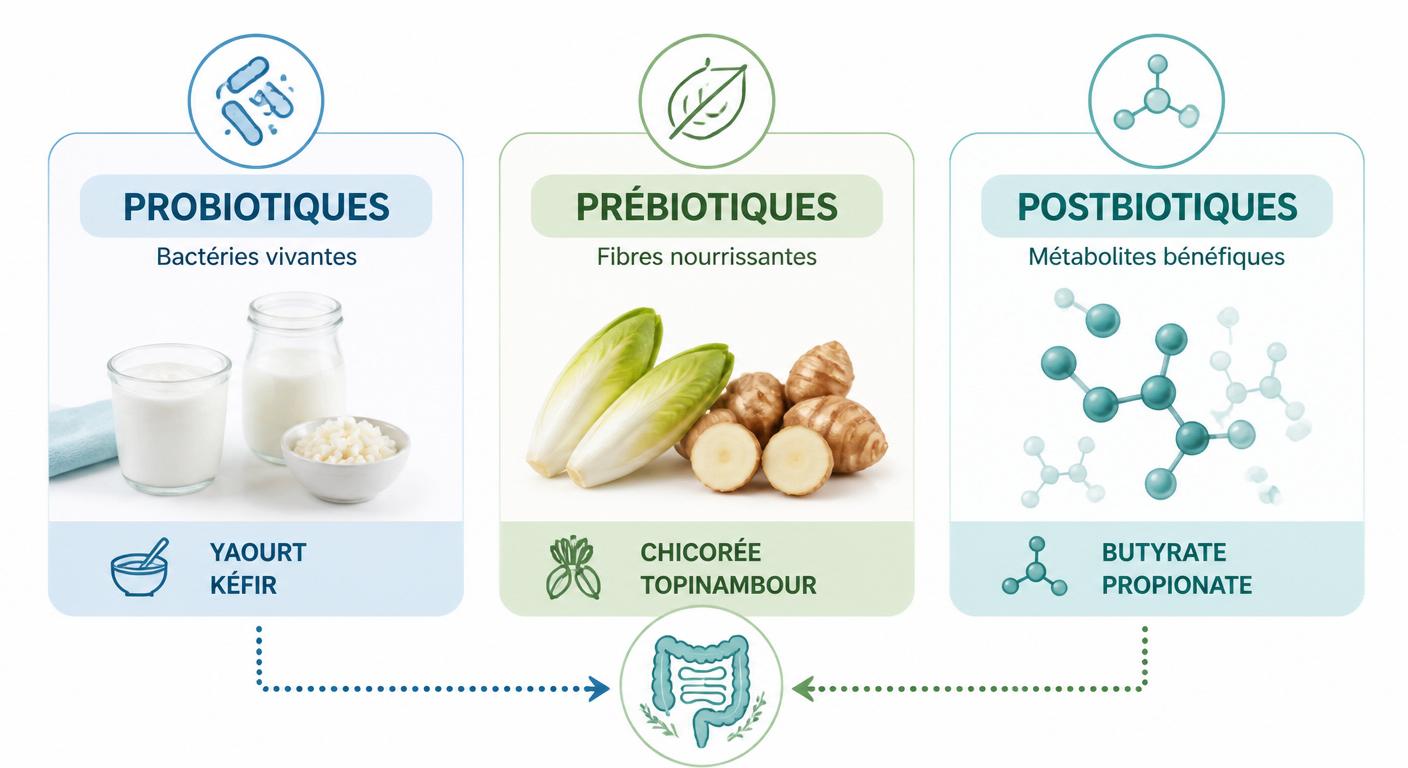 Infographie de la trilogie probiotiques prébiotiques postbiotiques pour le microbiote intestinal