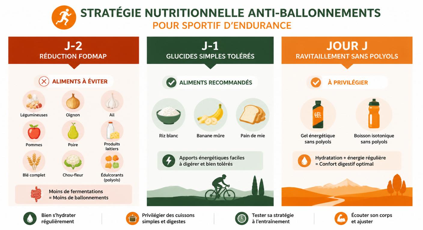 Infographie de la stratégie nutritionnelle low-FODMAP pour le sportif d'endurance