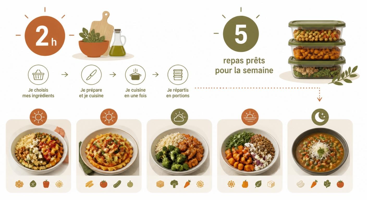 Infographie expliquant le principe du batch cooking en 2 heures