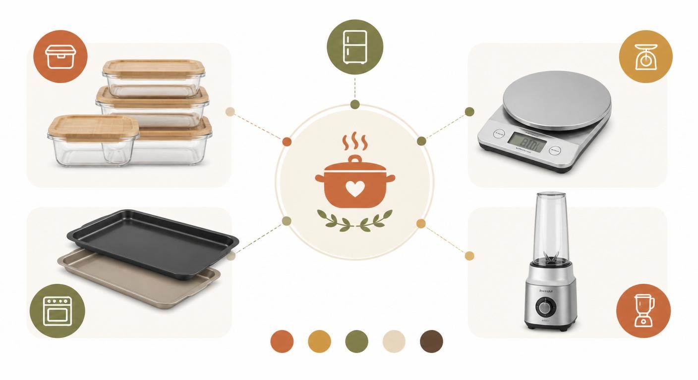 Infographie du matériel indispensable pour un batch cooking rapide