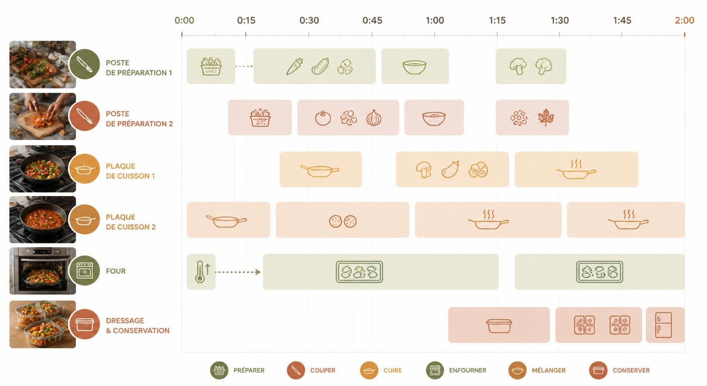 Infographie du rétroplanning minute par minute d'une session de batch cooking en 2h