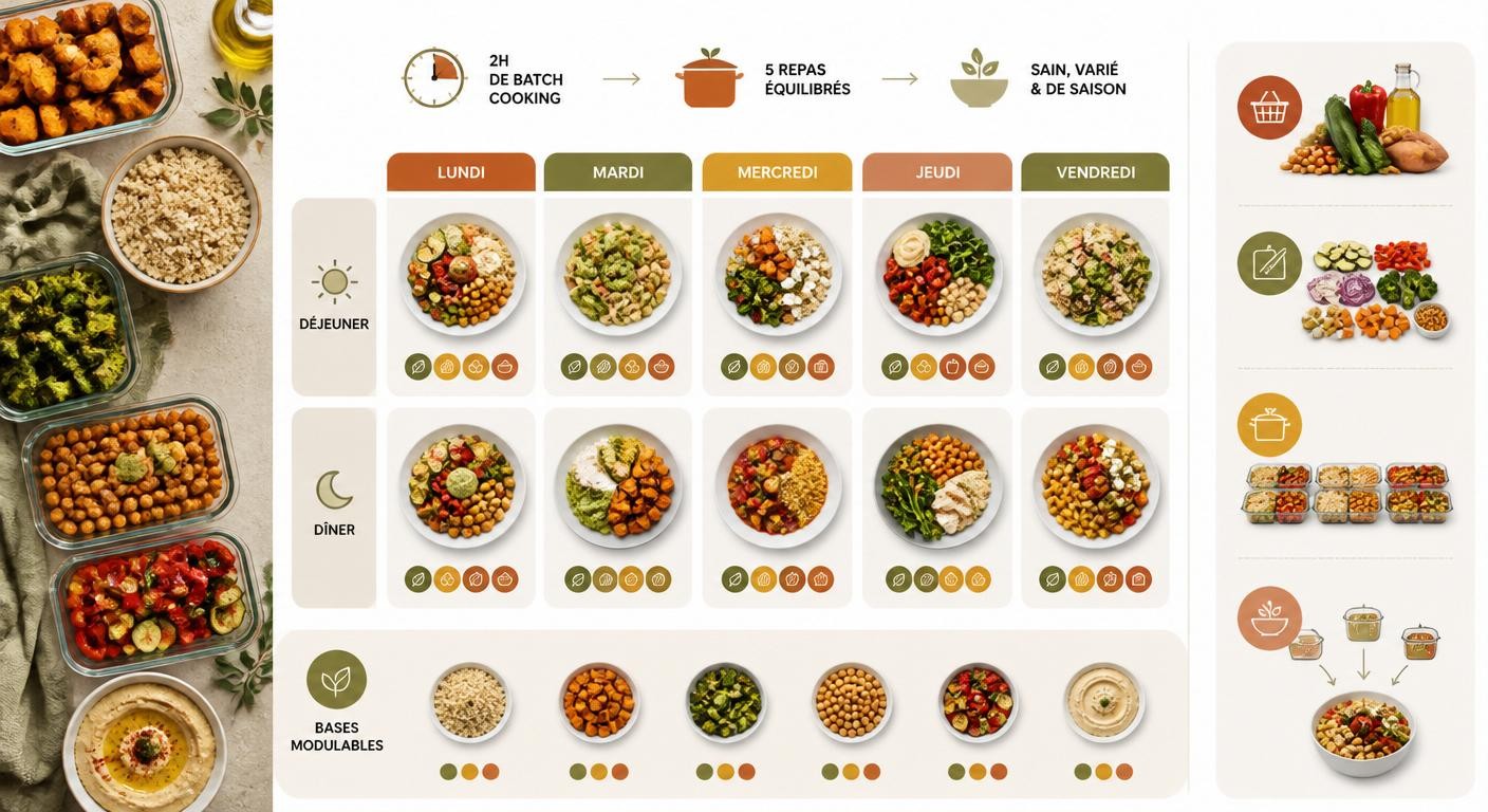 Infographie d'un menu de la semaine préparé en 2 heures de batch cooking