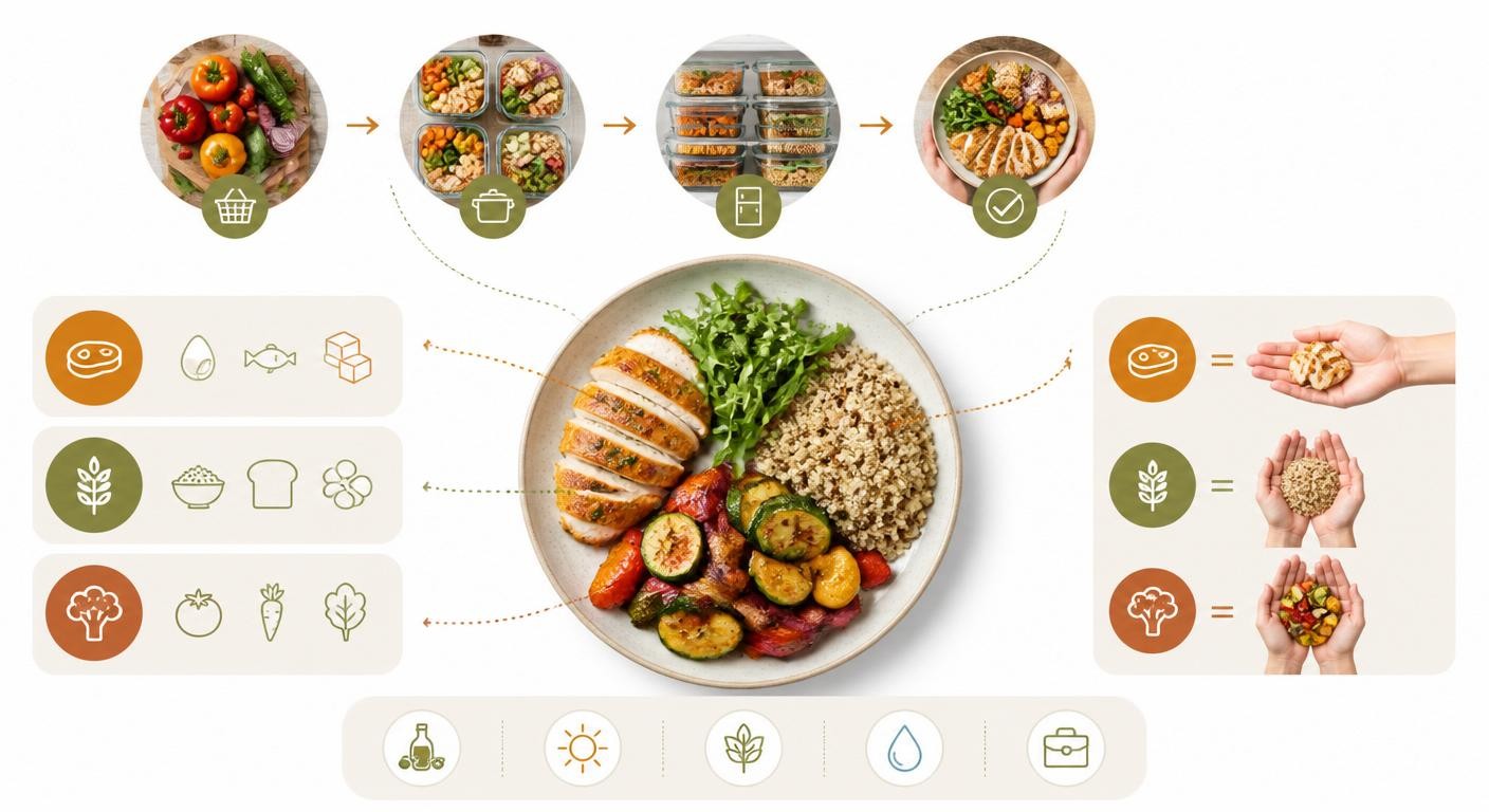 Infographie reliant le batch cooking à l'équilibre des macronutriments