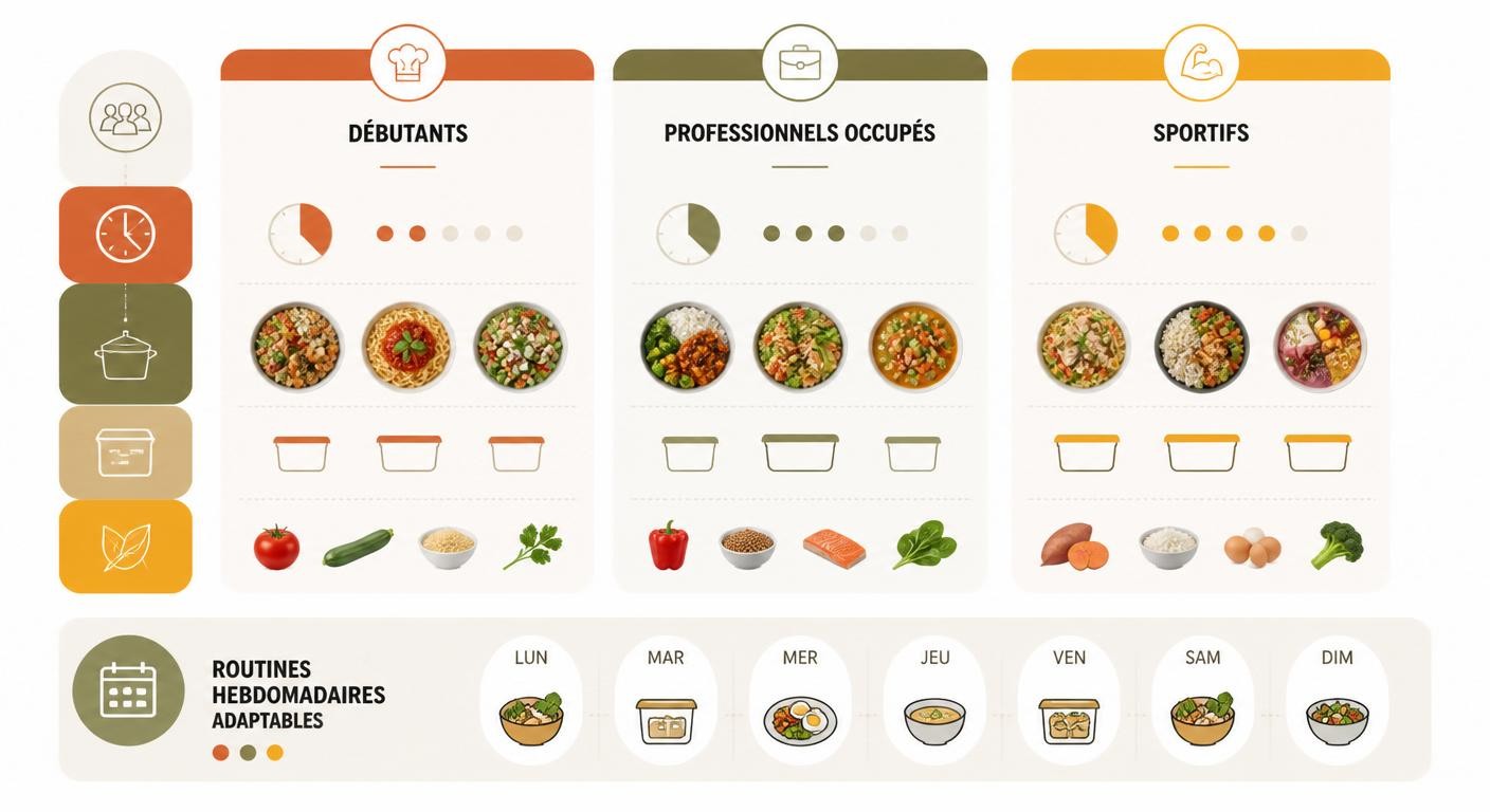 Infographie des approches de batch cooking en 2 heures selon le profil