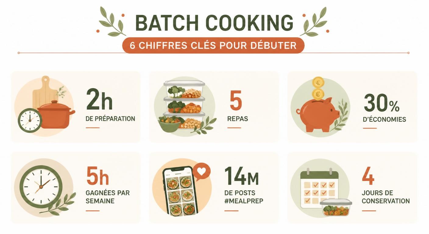 Infographie présentant les six chiffres clés du batch cooking pour débutant