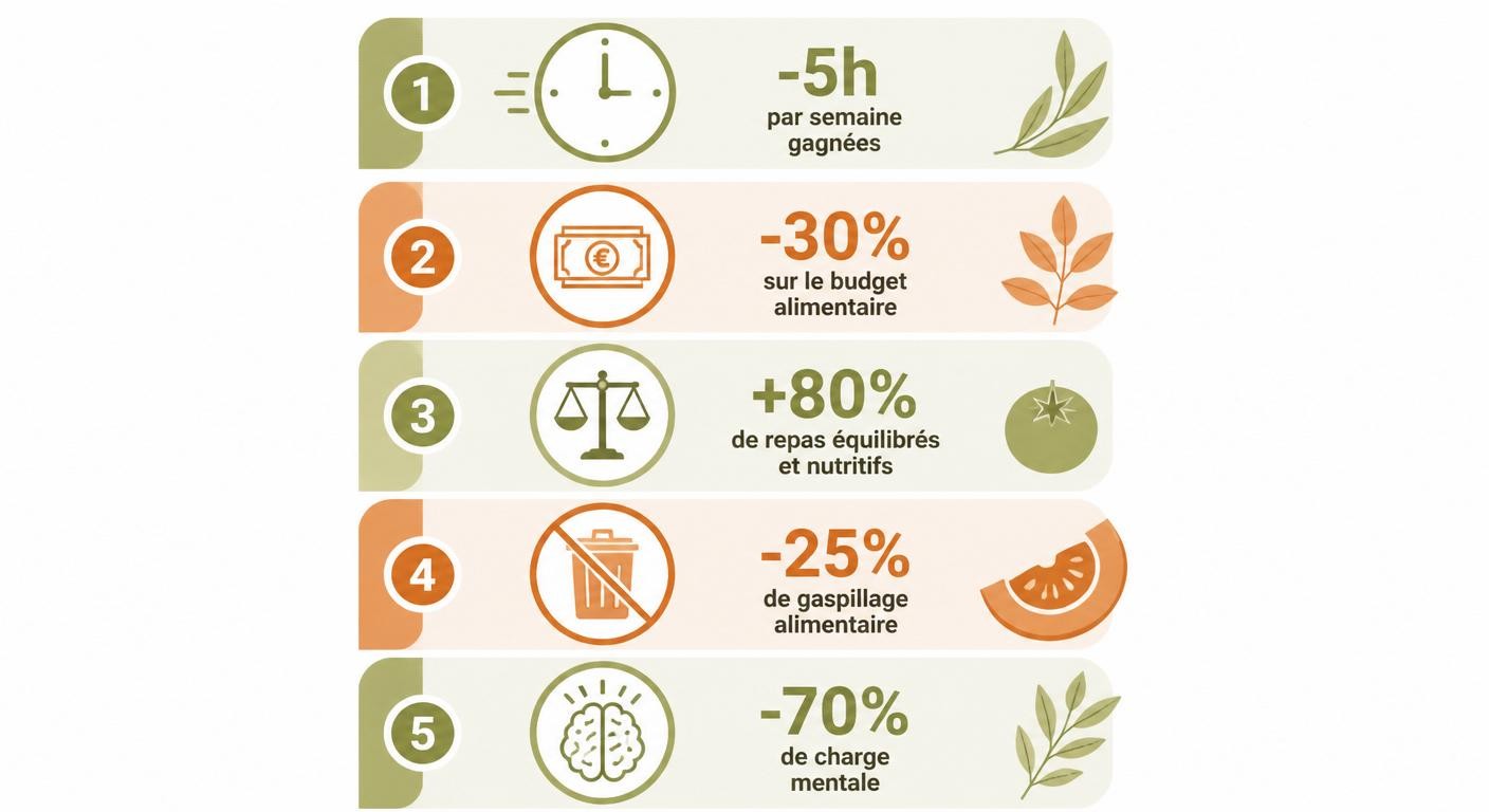 Infographie verticale détaillant les cinq bénéfices mesurables du batch cooking