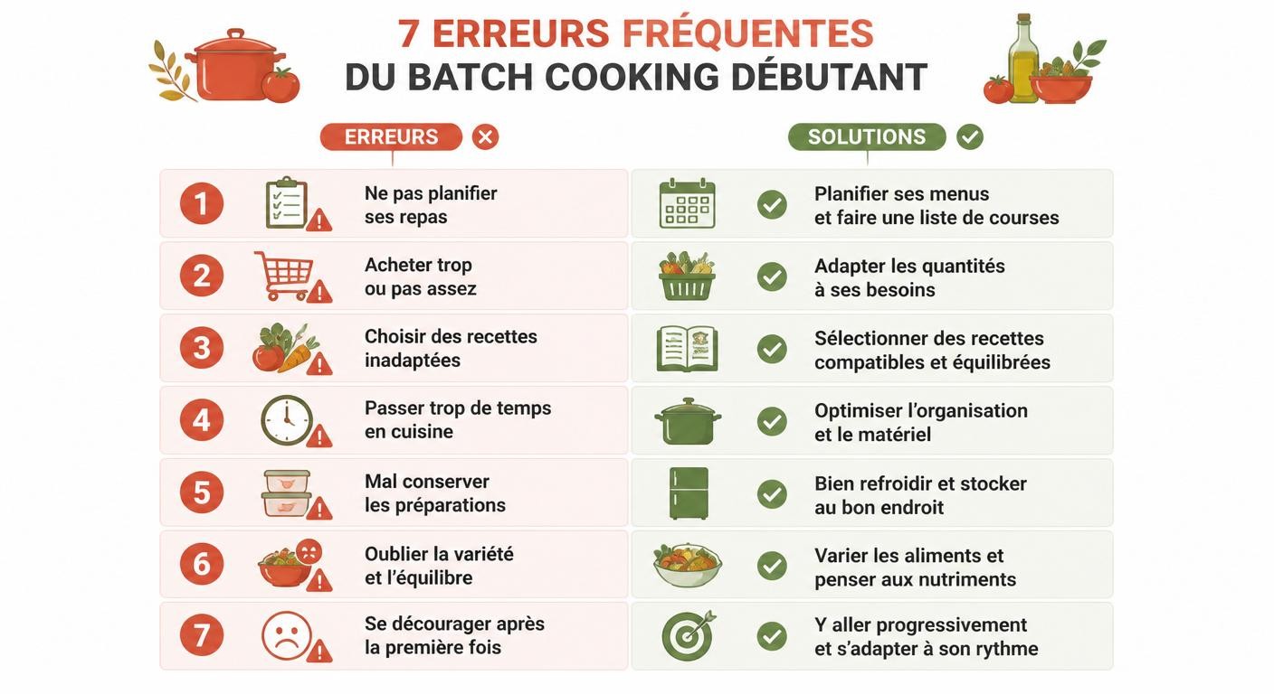 Infographie listant les sept erreurs courantes du batch cooking débutant et leurs solutions