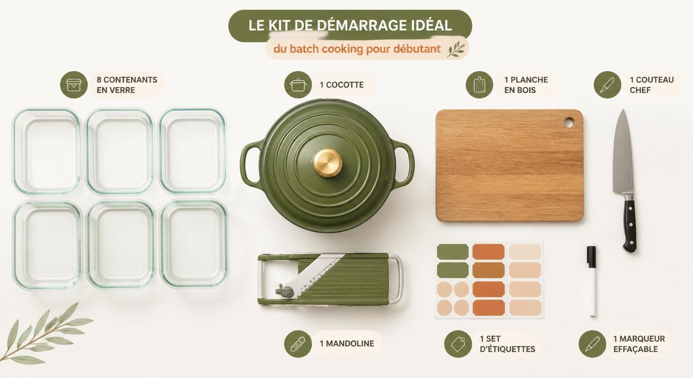 Infographie présentant les éléments du kit de démarrage pour batch cooking débutant