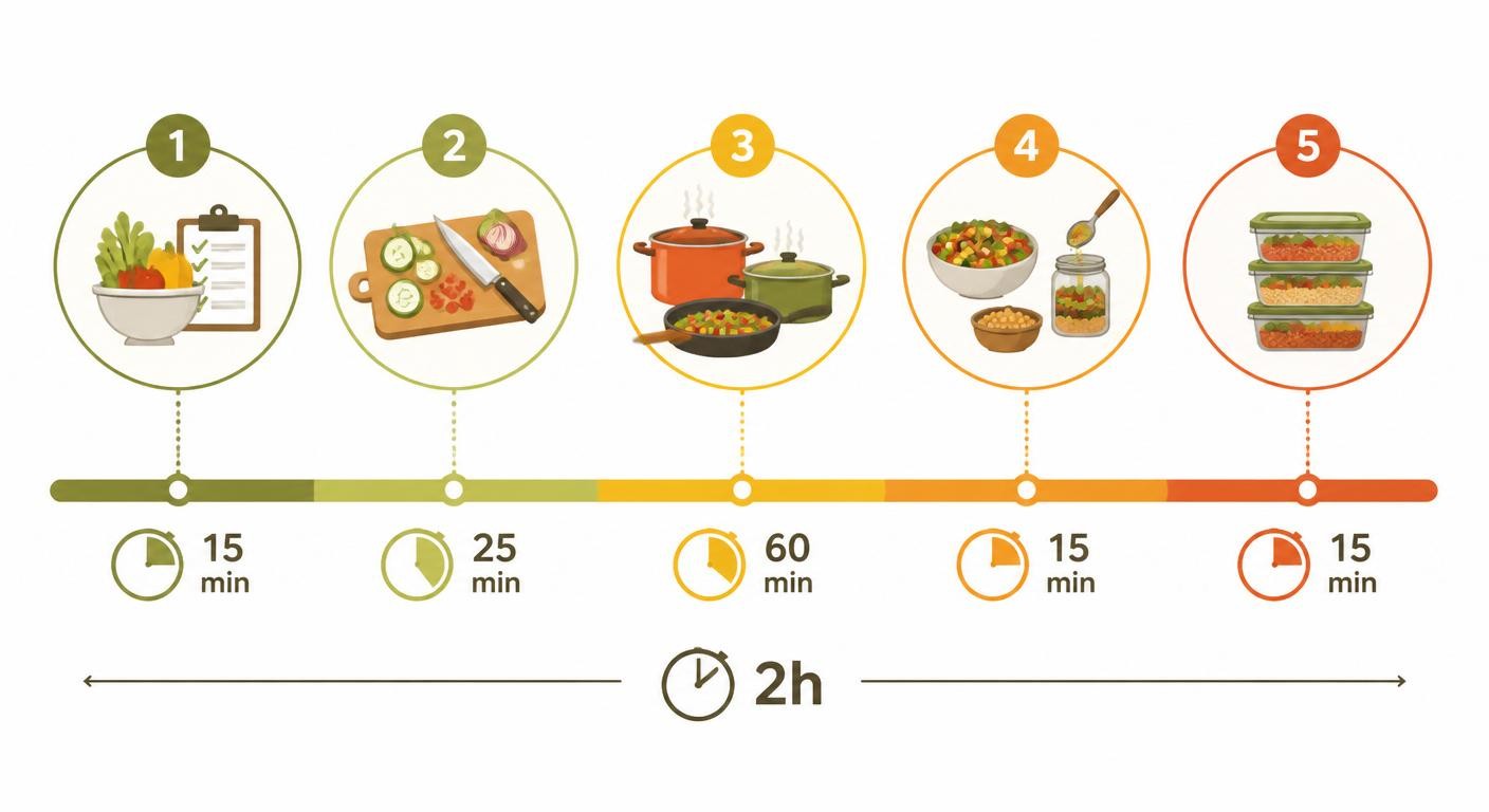 Infographie chronologique illustrant la méthode 2 heures pour préparer 5 repas
