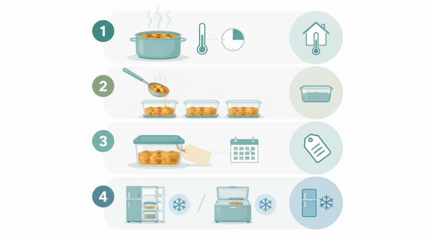 Infographie illustrant les quatre étapes du conditionnement sécurisé après batch cooking