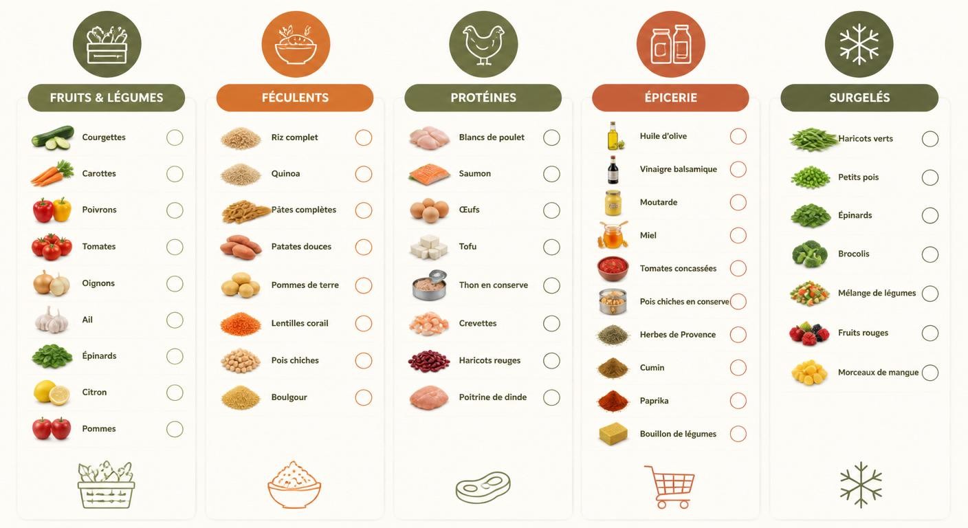 Infographie de liste de courses hebdomadaire organisée pour le batch cooking