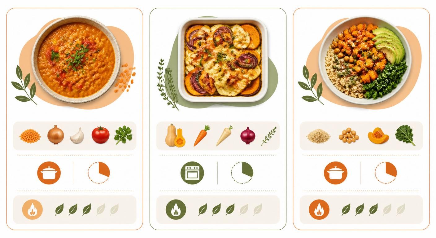 Infographie présentant trois recettes signatures pour batch cooking d'hiver