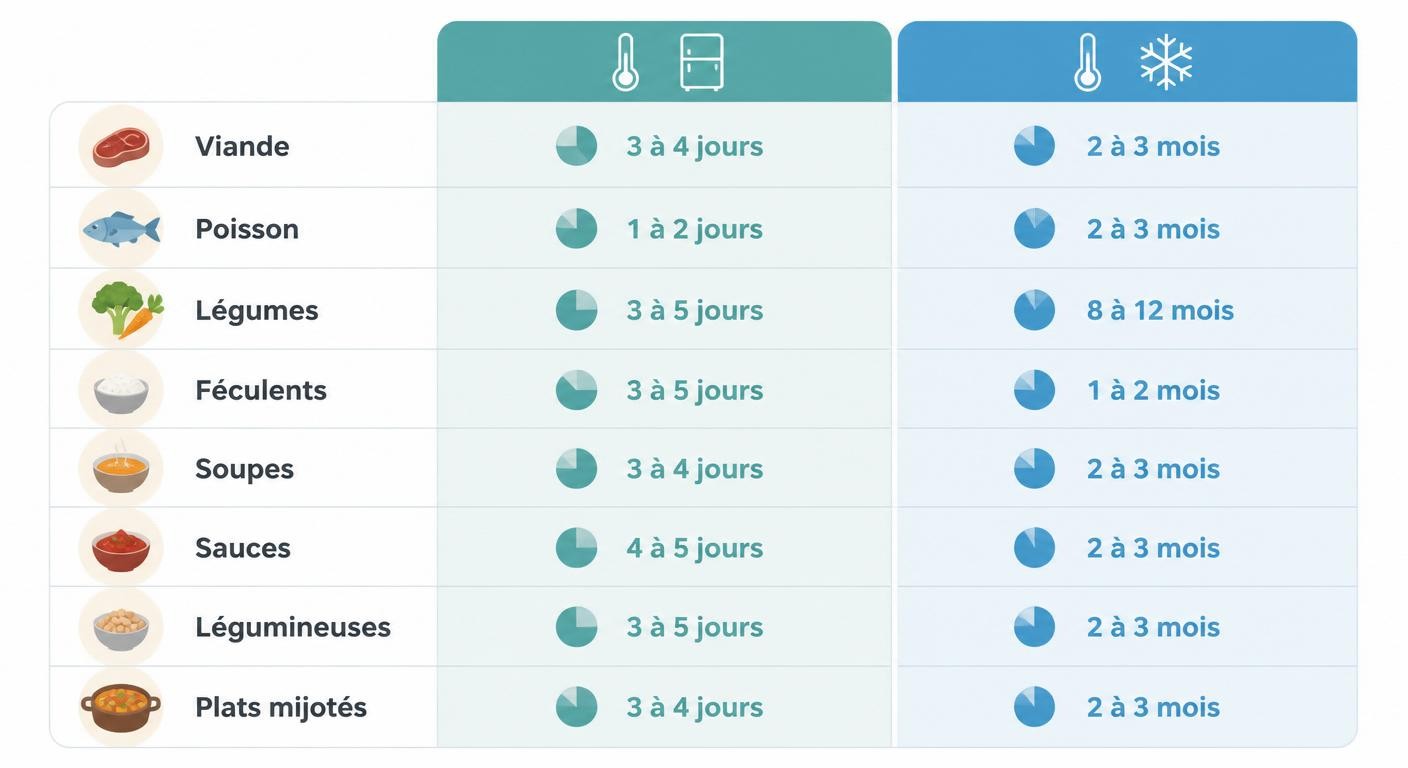 Infographie tableau des durées de conservation frigo et congélateur par type d'aliment