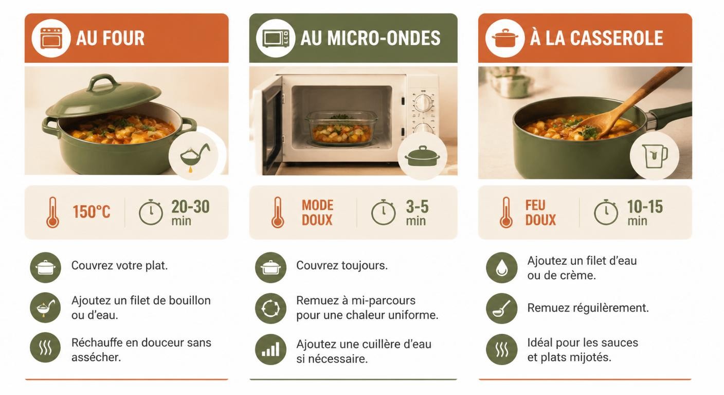 Infographie des trois méthodes de réchauffage optimales pour préserver les nutriments des plats batch cooking