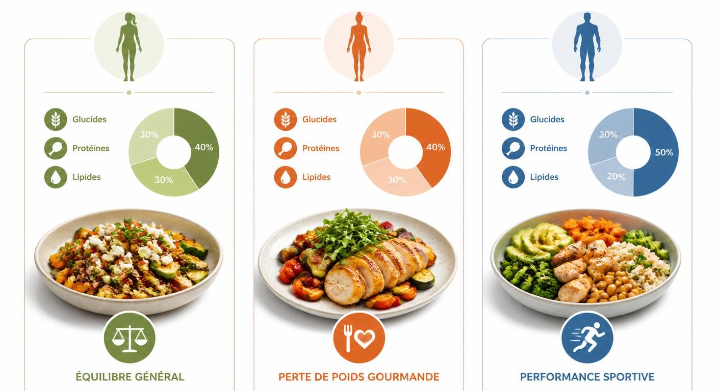 Infographie comparant trois profils de batch cooking selon l'objectif nutritionnel