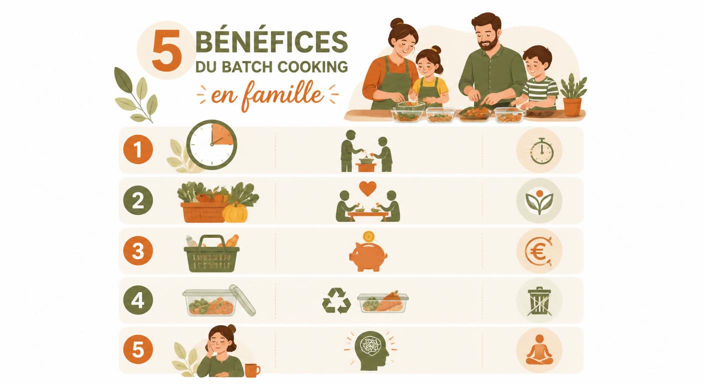 Infographie des 5 bénéfices du batch cooking en famille
