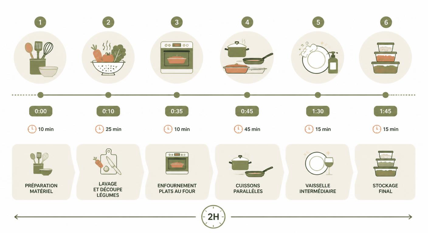 Timeline d'une séance de batch cooking famille de 2 heures