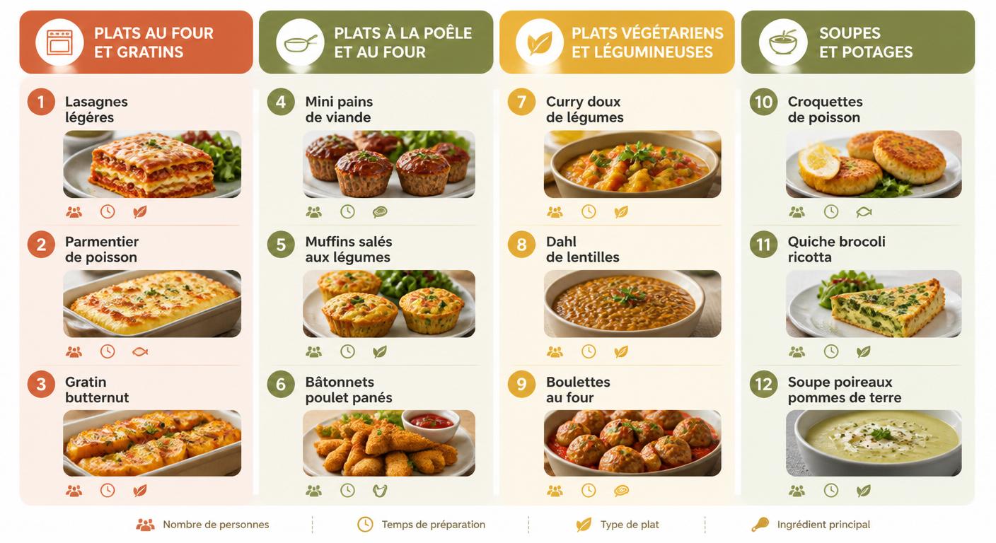 Infographie de 12 recettes batch cooking famille classées par catégorie