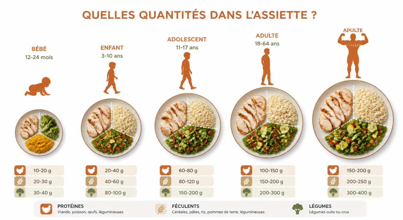 Infographie des portions batch cooking adaptées selon l'âge et le profil
