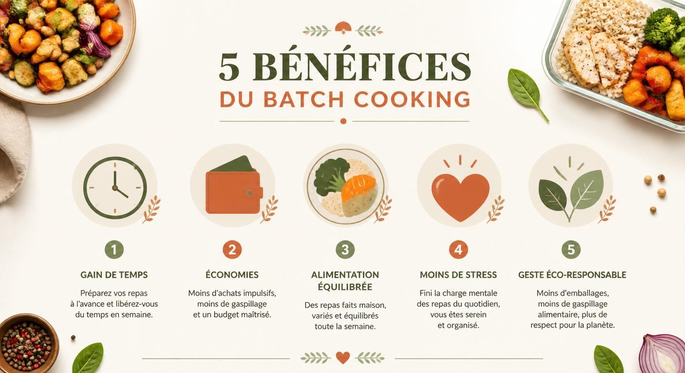Infographie des cinq bénéfices du batch cooking menu semaine