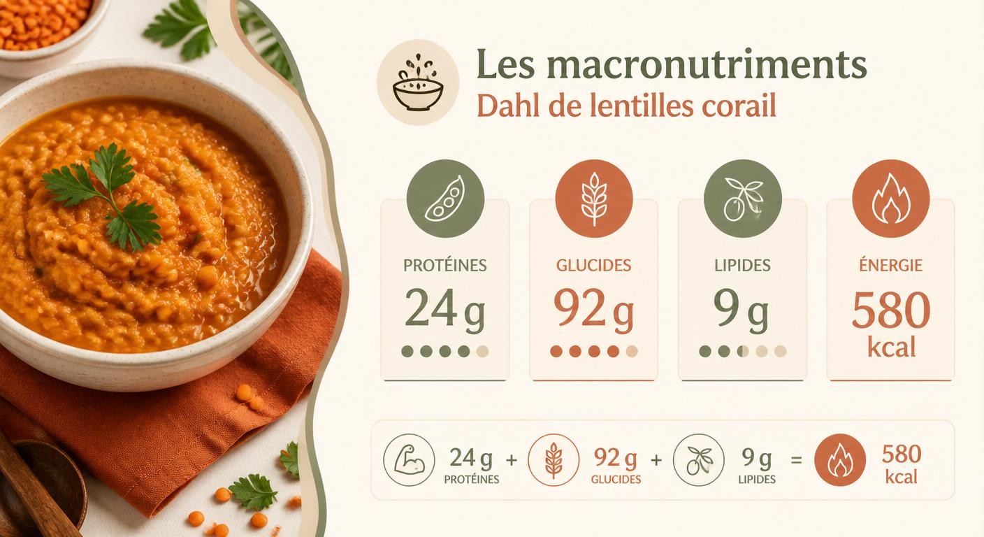 Infographie des apports nutritionnels du dahl de lentilles corail pour le batch cooking