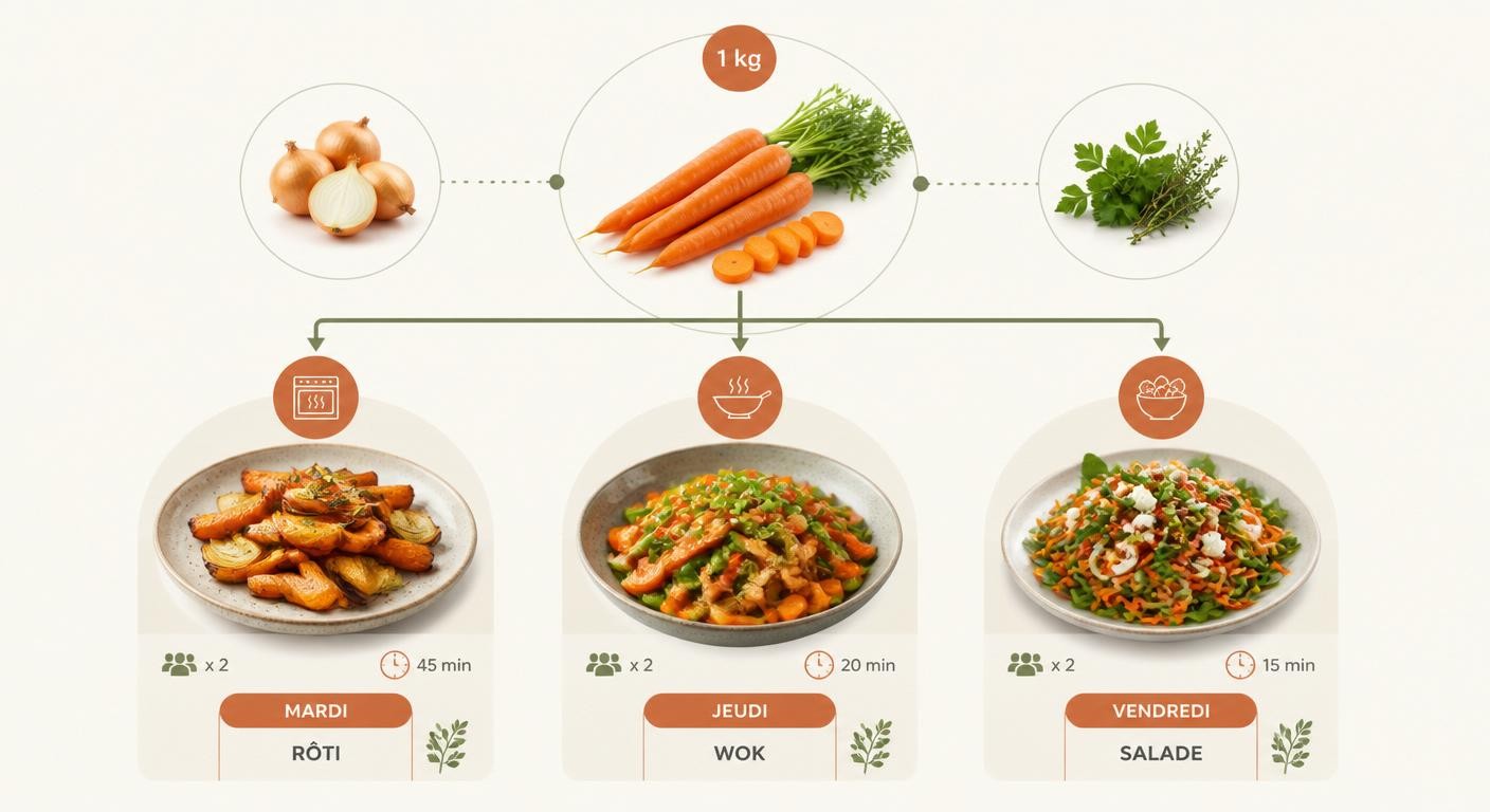 Schéma de mutualisation des ingrédients pour un batch cooking menu semaine