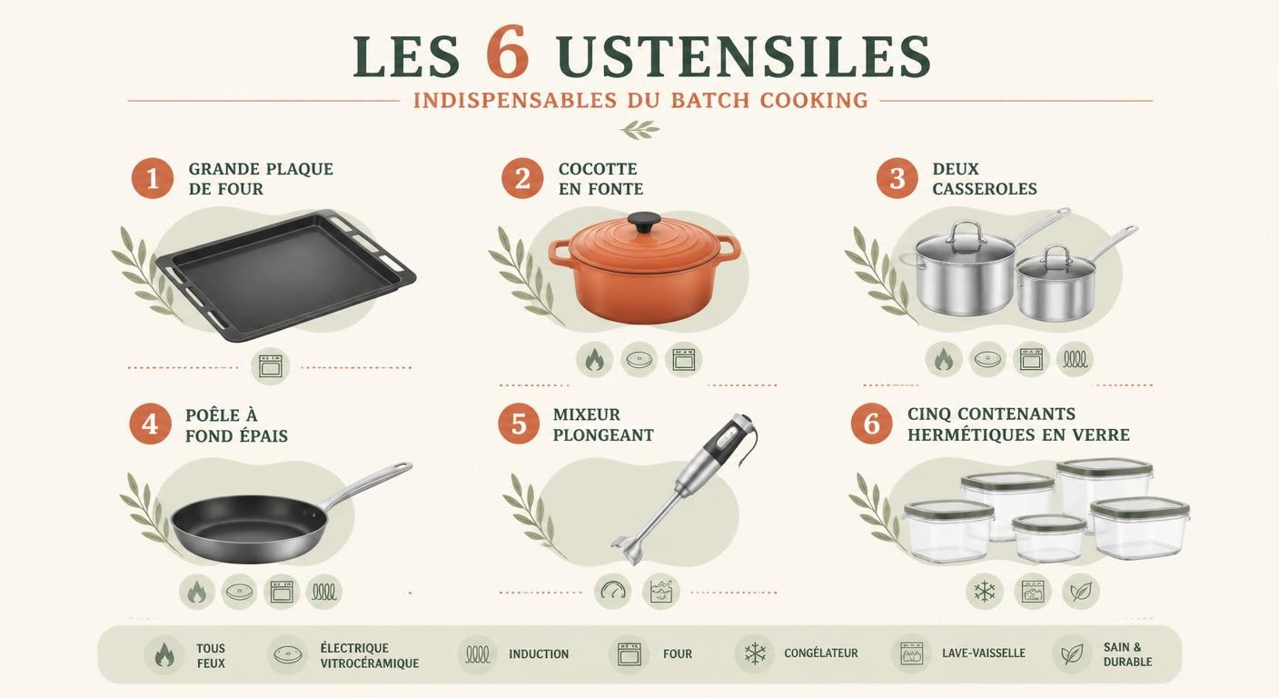 Infographie des ustensiles indispensables pour le batch cooking menu semaine