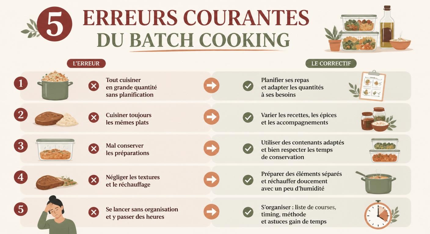 Infographie des cinq erreurs à éviter en batch cooking menu semaine
