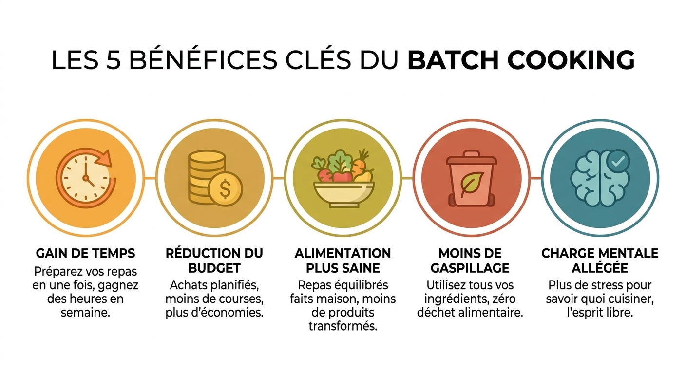 Infographie des 5 bénéfices principaux du batch cooking