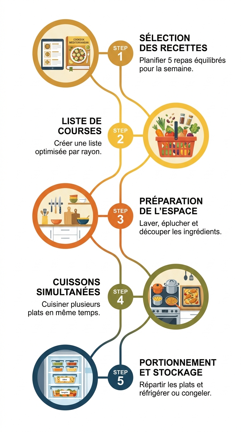 Infographie des 5 étapes pour organiser une session de batch cooking